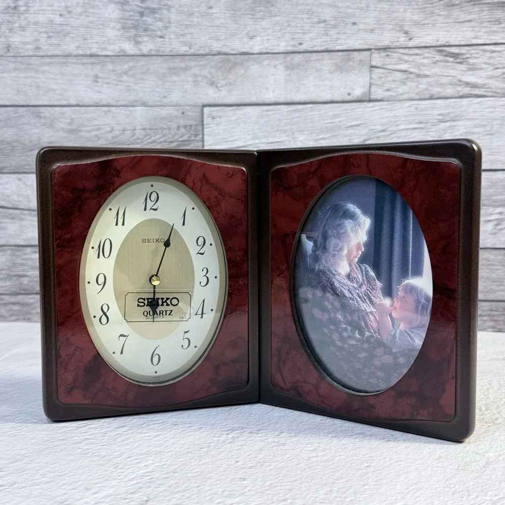 Seiko Quartz Desk Clock Picture‎ Frame Rosewood Folding Analog Vintage
